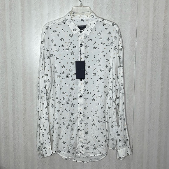 Zara White Casual Button Down Shirt with Black Print - Picture 2 of 4